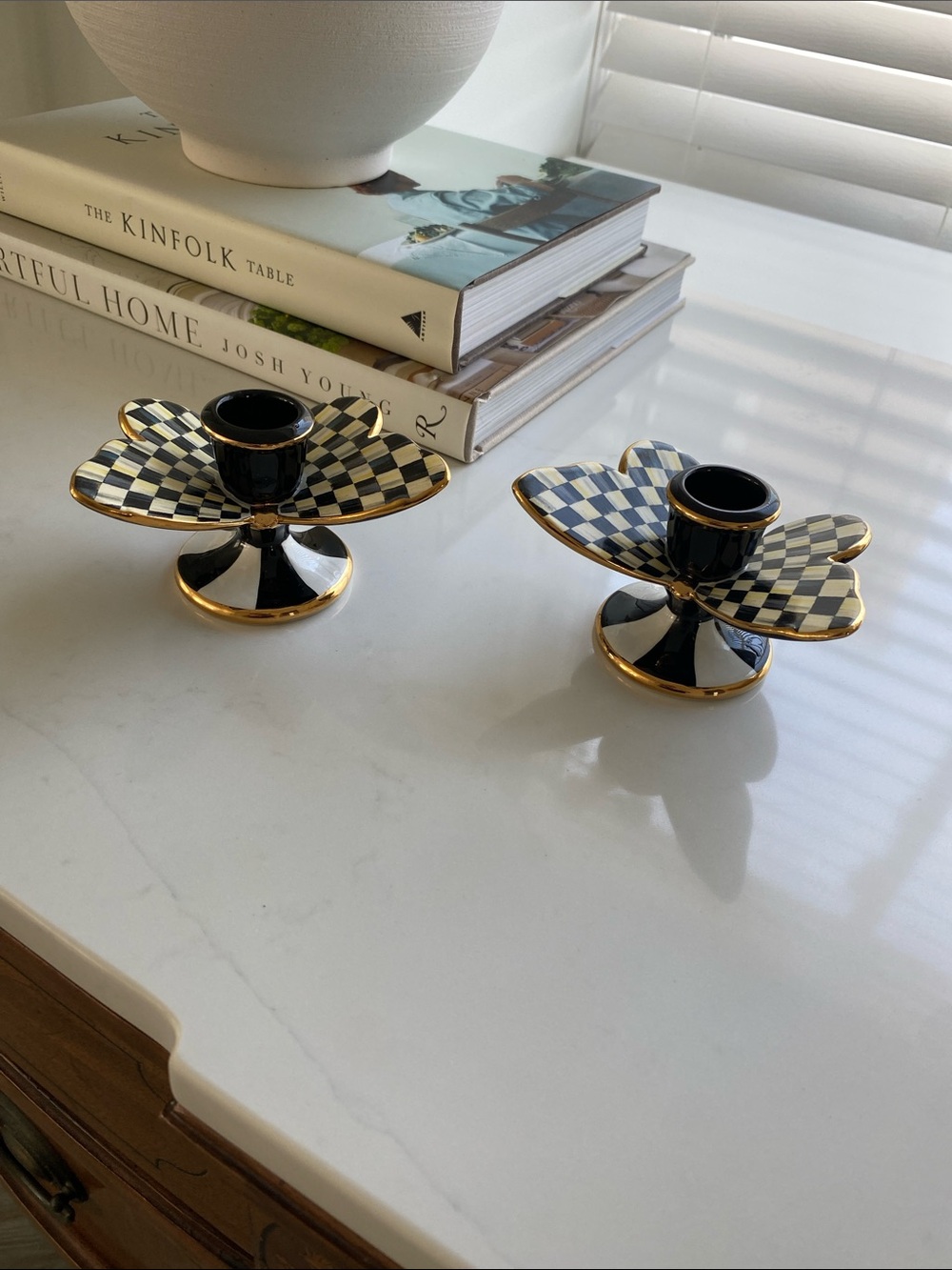 McKenzie Childs Court Check Polka Dot Butterfly candlesticks set of 2 gorgeous🦋🦋